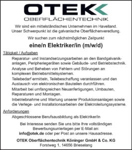 Die OTEK Oberflächentechnik GmbH & Co.KG sucht einen Elektriker in Brieselang